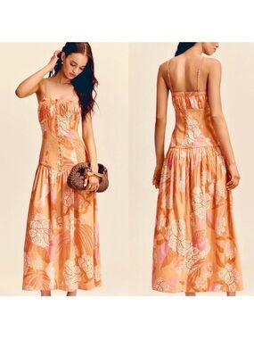 Farm Rio x Anthropologie Linen Blend Strapless Drop Waist Maxi Dress